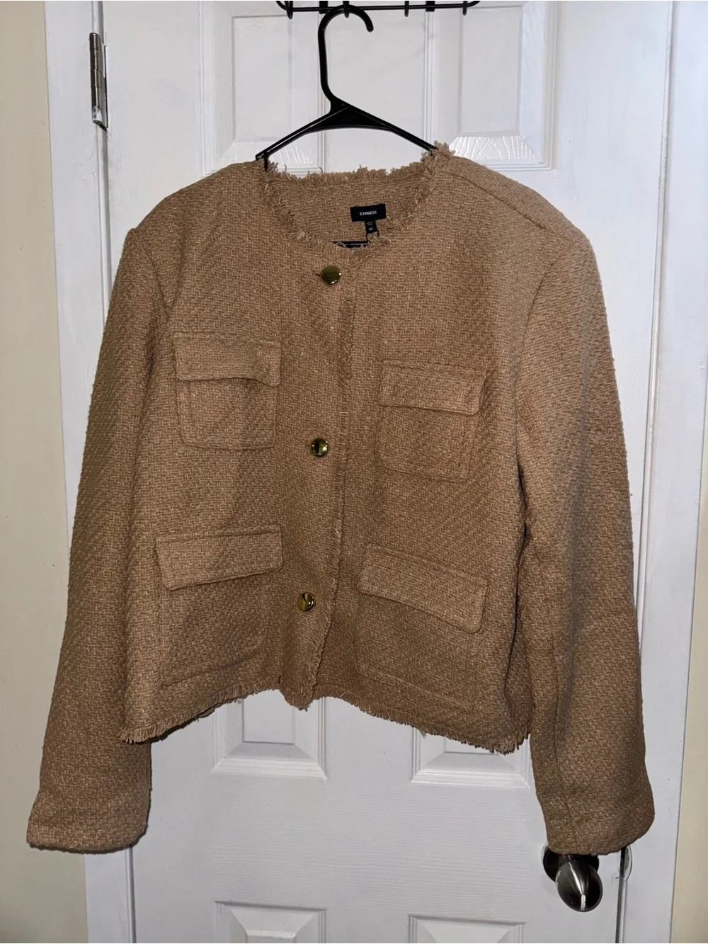 Express Women’s Tweed Fringe Jacket Tan Gold Button XXL Nwt - Picture 1 of 12